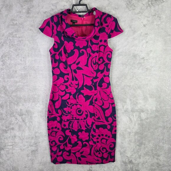 Womens Talbots Pink & Navy Floral Sheath 100% Linen Dress Cap Sleeve Size 4 - Picture 2 of 9